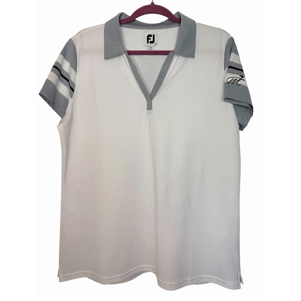 FJ FootJoy Golf Shirt Medium White Gray Stripe Short Sleeve Polo Women's Size XL